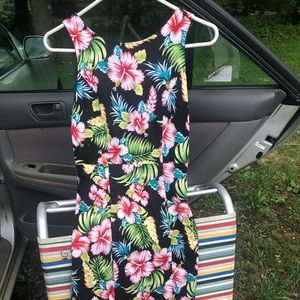 Floral and black summer dress and belly sweater